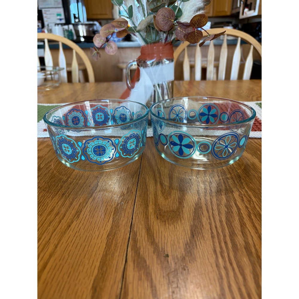 Pyrex Glass Storage Bowls Set of 2 Blue Teal Geometric Floral Mandala Pattern